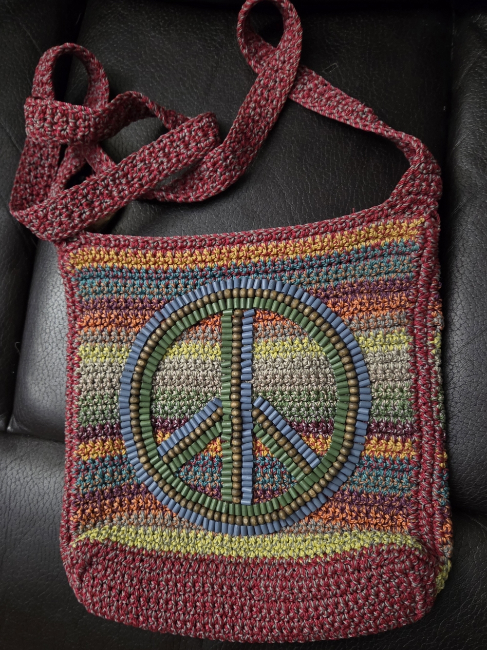 The Sak Vintage Purse Peace Sign Crochet Crossbody Bag Beaded Design Excellent
